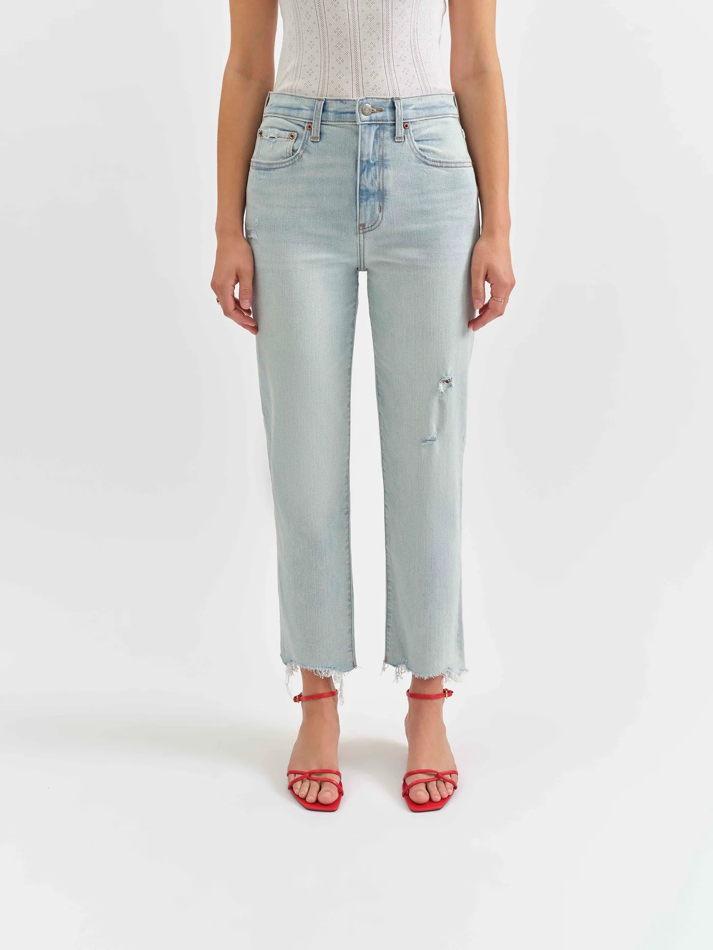 Swoon wash straight jeans by Daze Denim – front view with button fly.