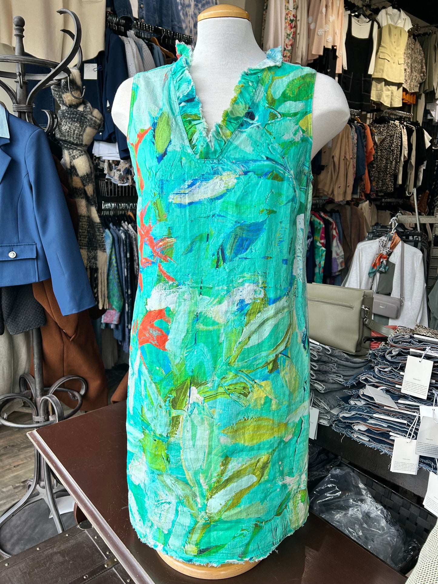 Claire Desjardins - Woven Shift Dress with Pockets and Frayed Accent