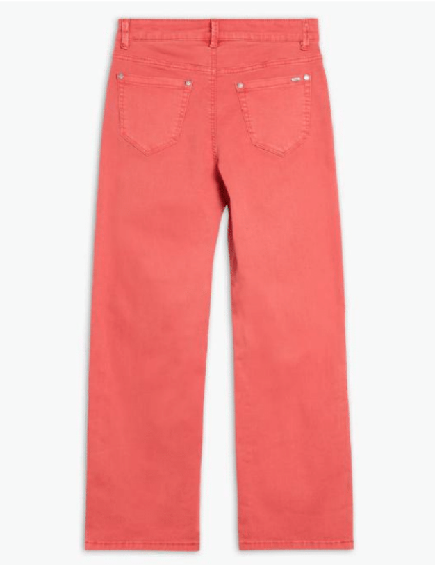 Back view of coral mid-rise jeans showcasing pocket detailing and wide leg cut