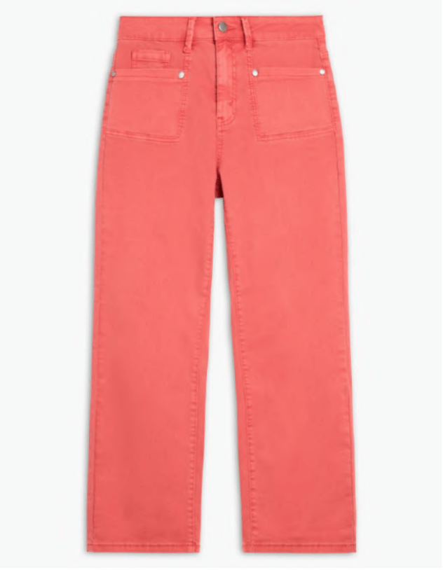 Front view of coral wide ankle jeans with cropped length and clean silhouette