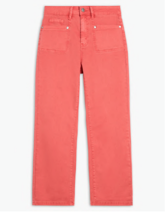 Front view of coral wide ankle jeans with cropped length and clean silhouette