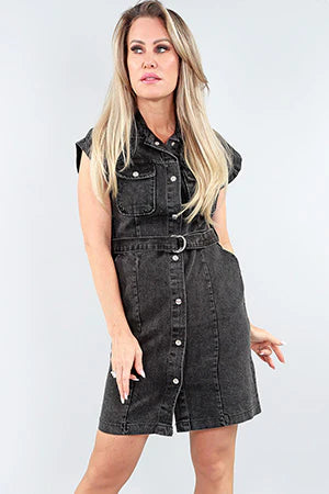 Model wearing Michael Tyler's Black Denim Mini Dress.