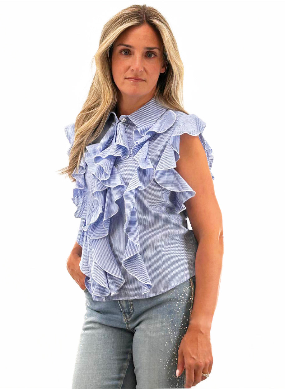 Orly - Blue & White Stripe Blouse with Ruffle Detail
