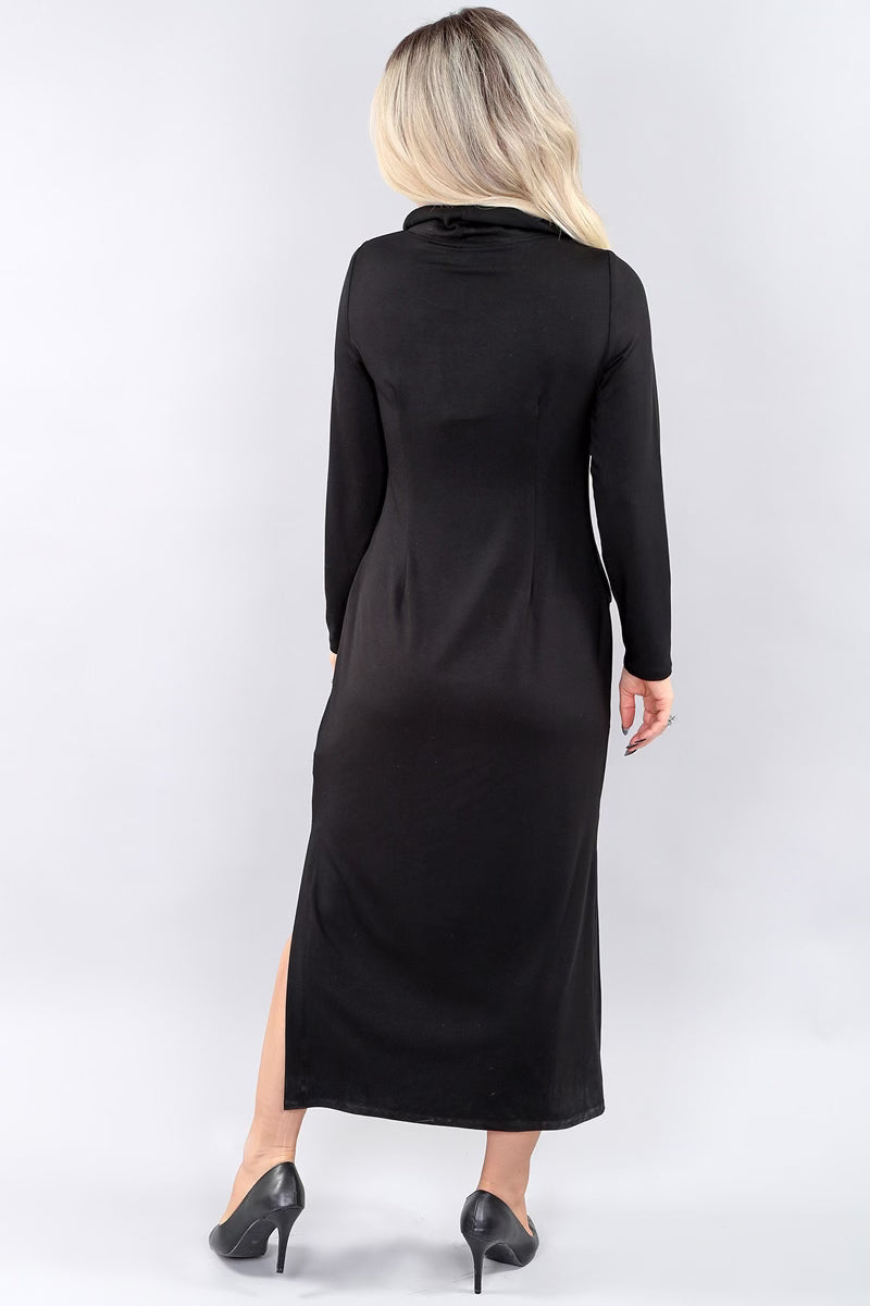 Back view of a model wearing a long black Michael Tyler dress.