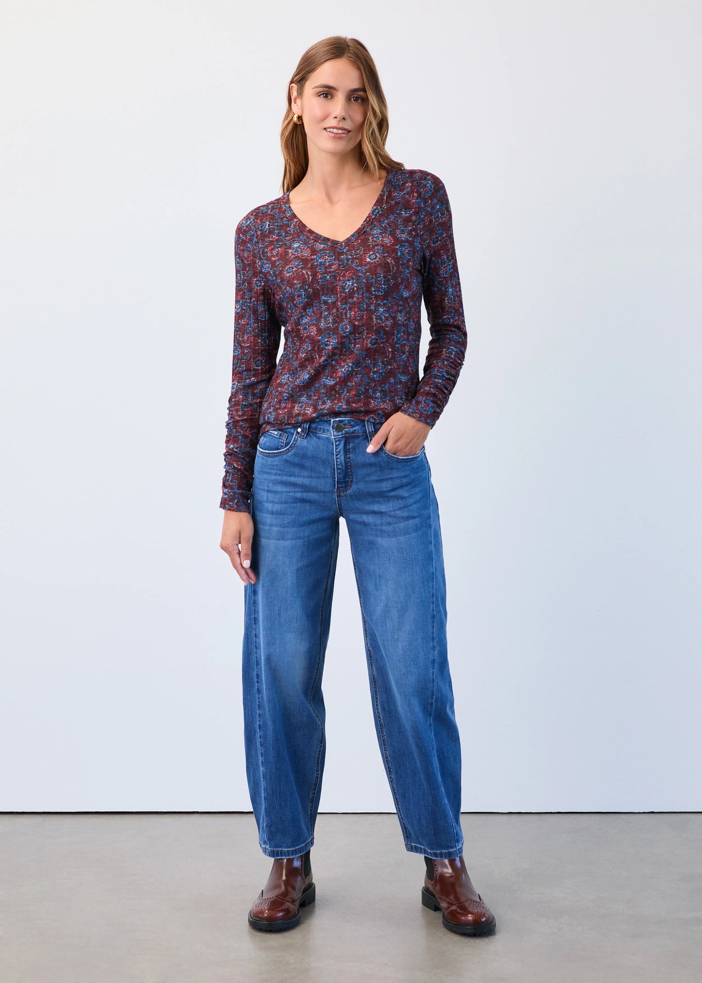 Front view of FDJ floral v-neck rouched sleeve top, Canadian boutique style.