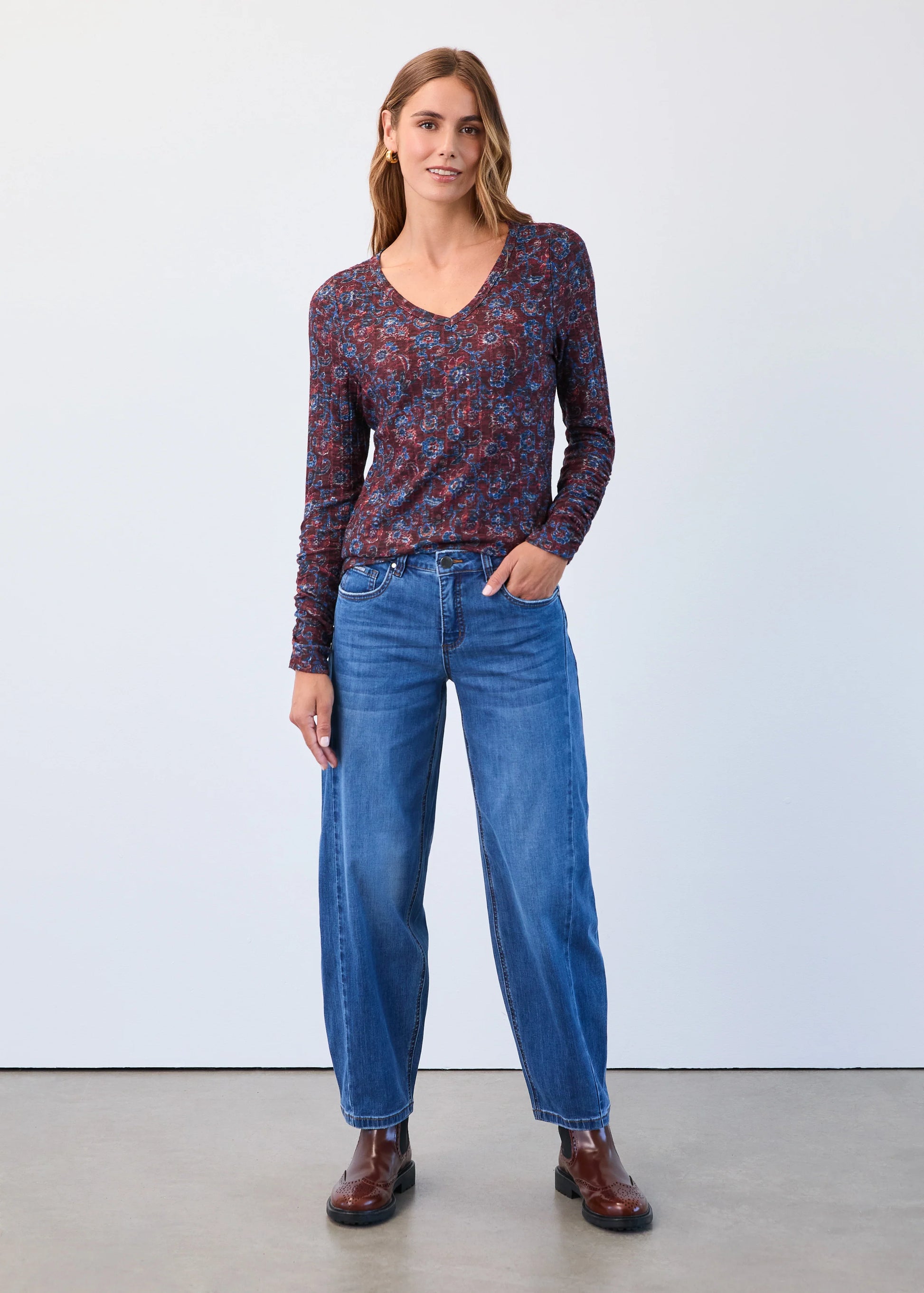 Front view of FDJ floral v-neck rouched sleeve top, Canadian boutique style.