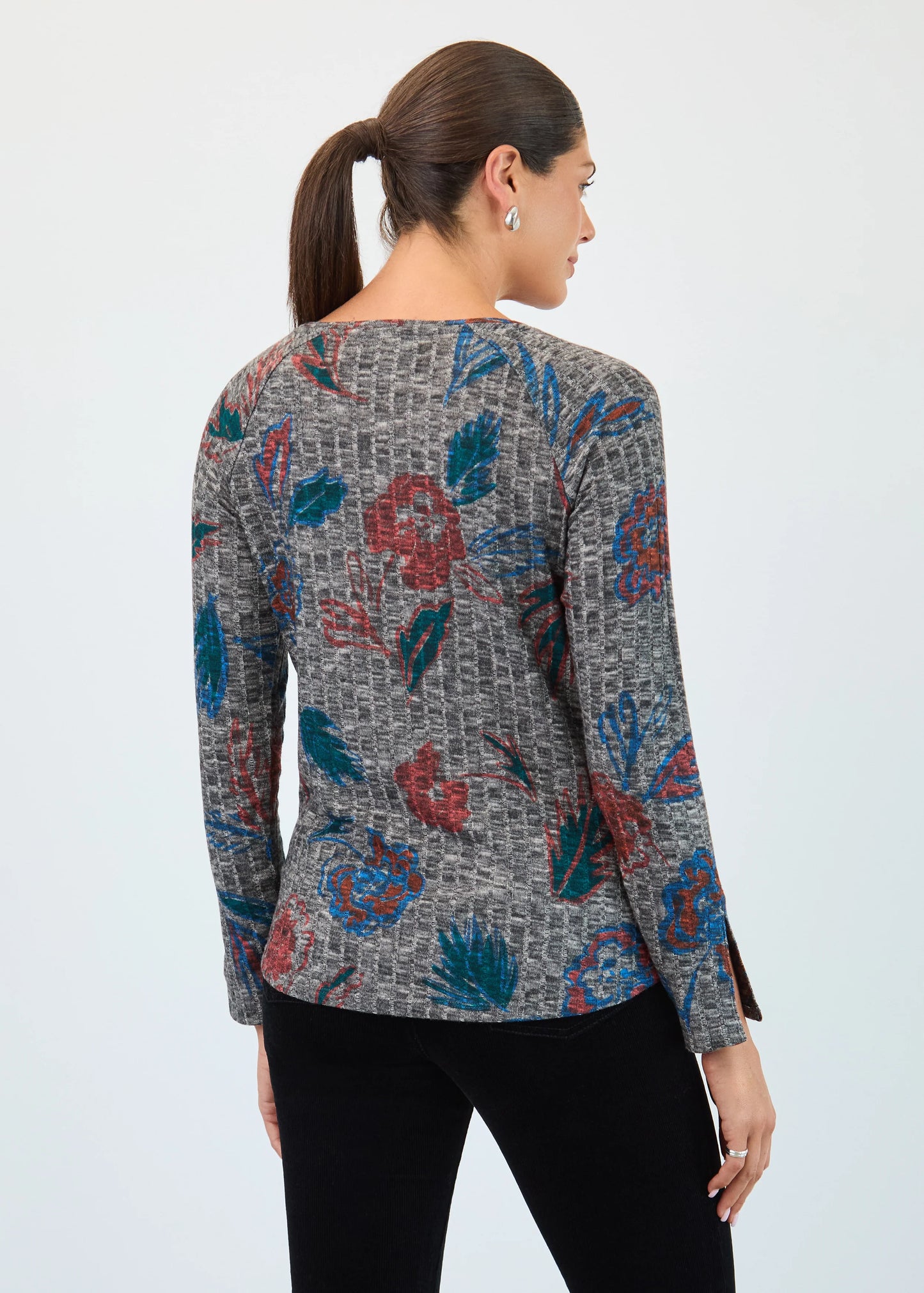 Back view of FDJ rib top in Bloomsbury print, styled at Gayle’s Fashions Canada.
