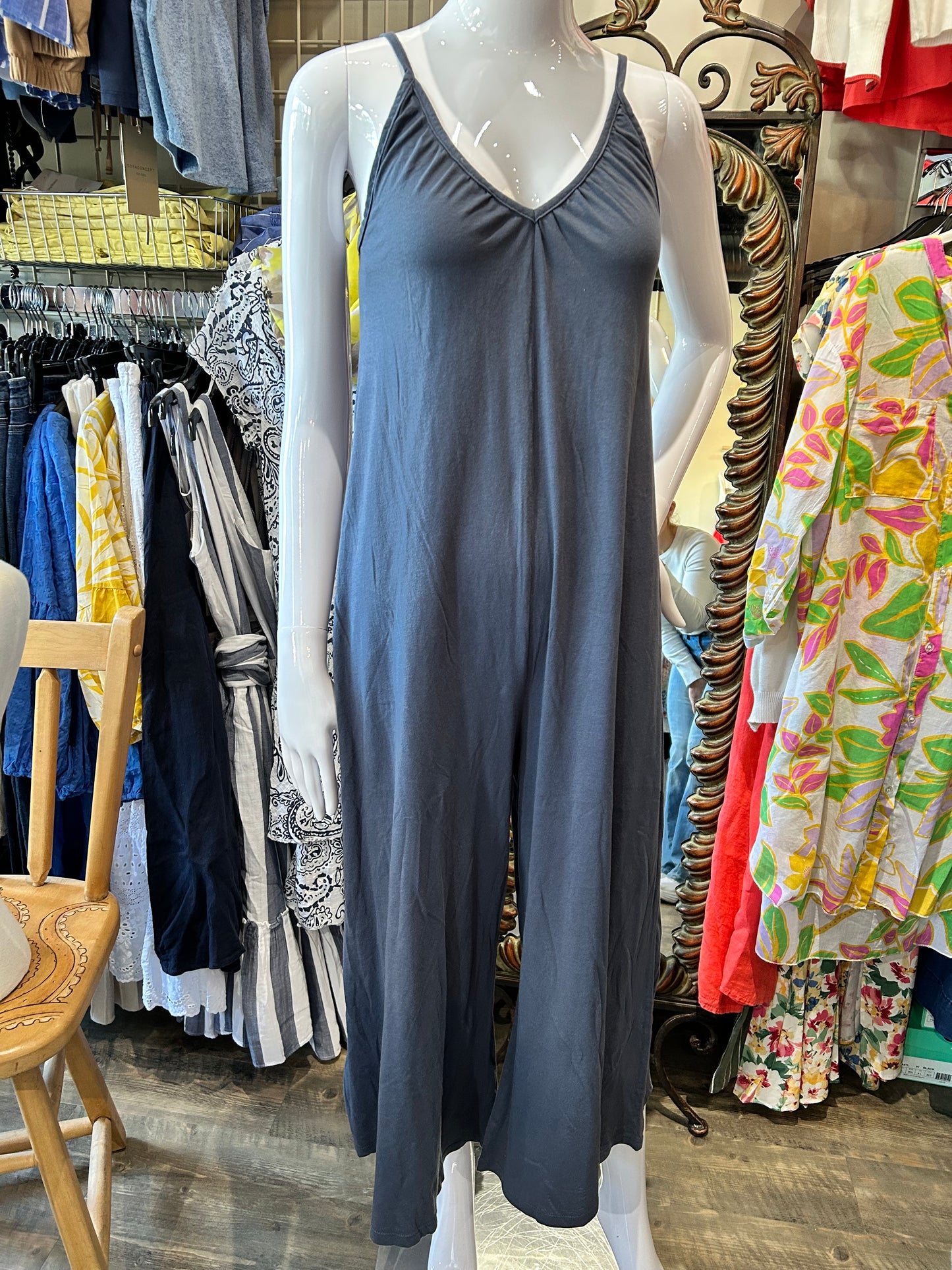 Bobi - Shirred V-Neck Wide Leg Jumpsuit