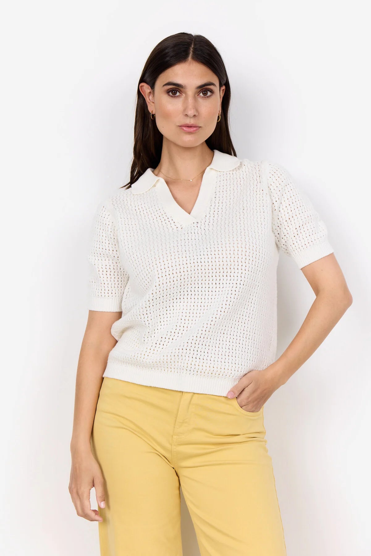 Soya Concept – Collared V-Neck Short Sleeve Sweater Tee (Denefa 3)