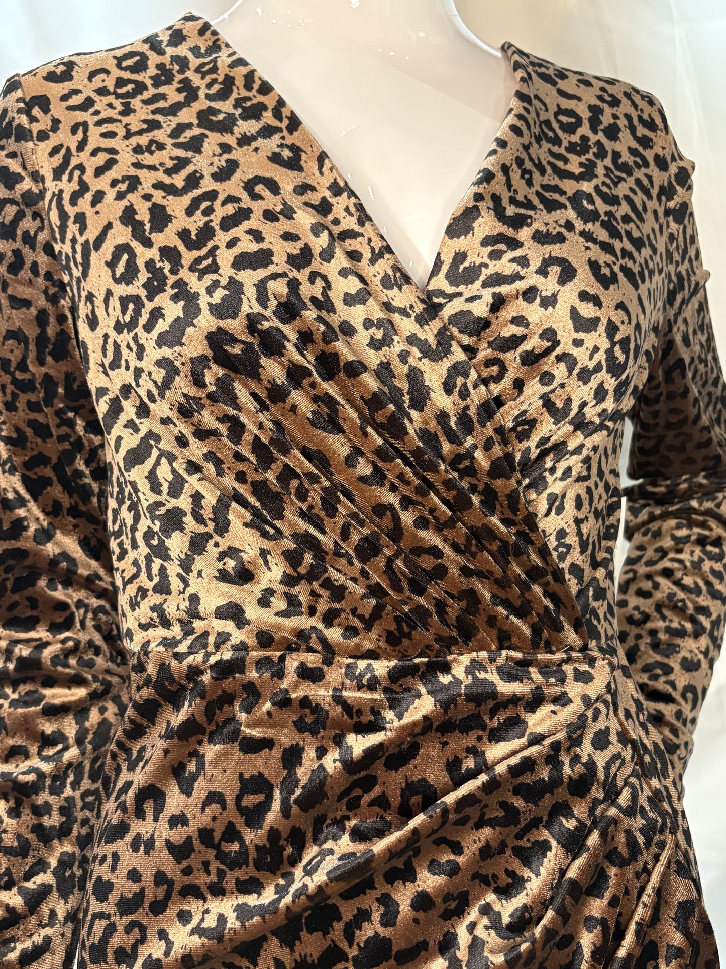 Close up view of Angeleye's leopard print wrap dress.