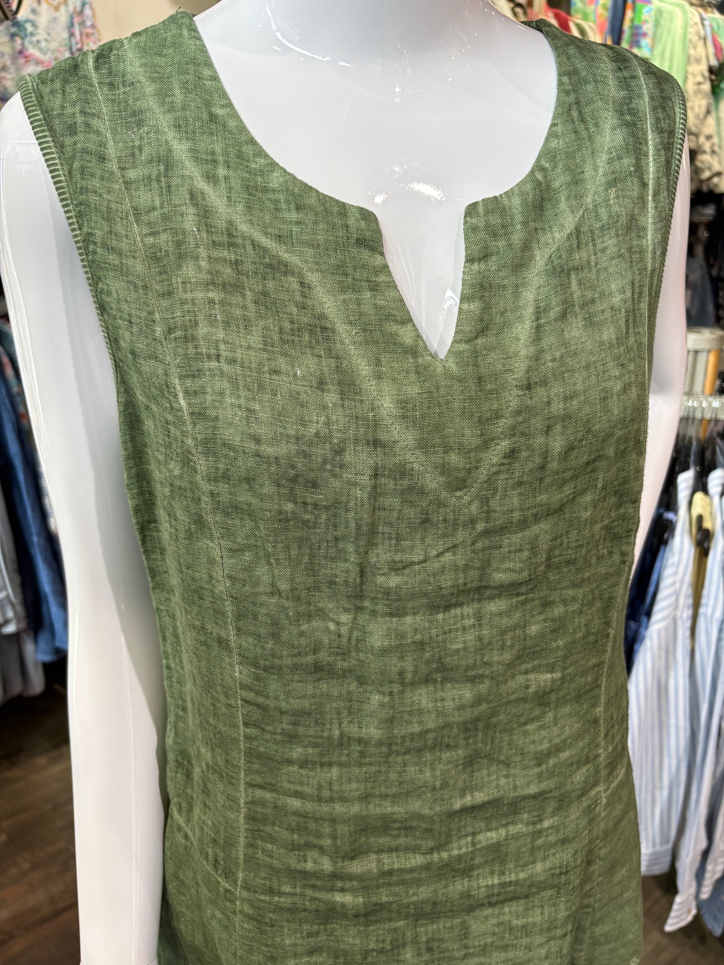 Compli K – Khaki Green Linen Dress with Ribbed Knit Back