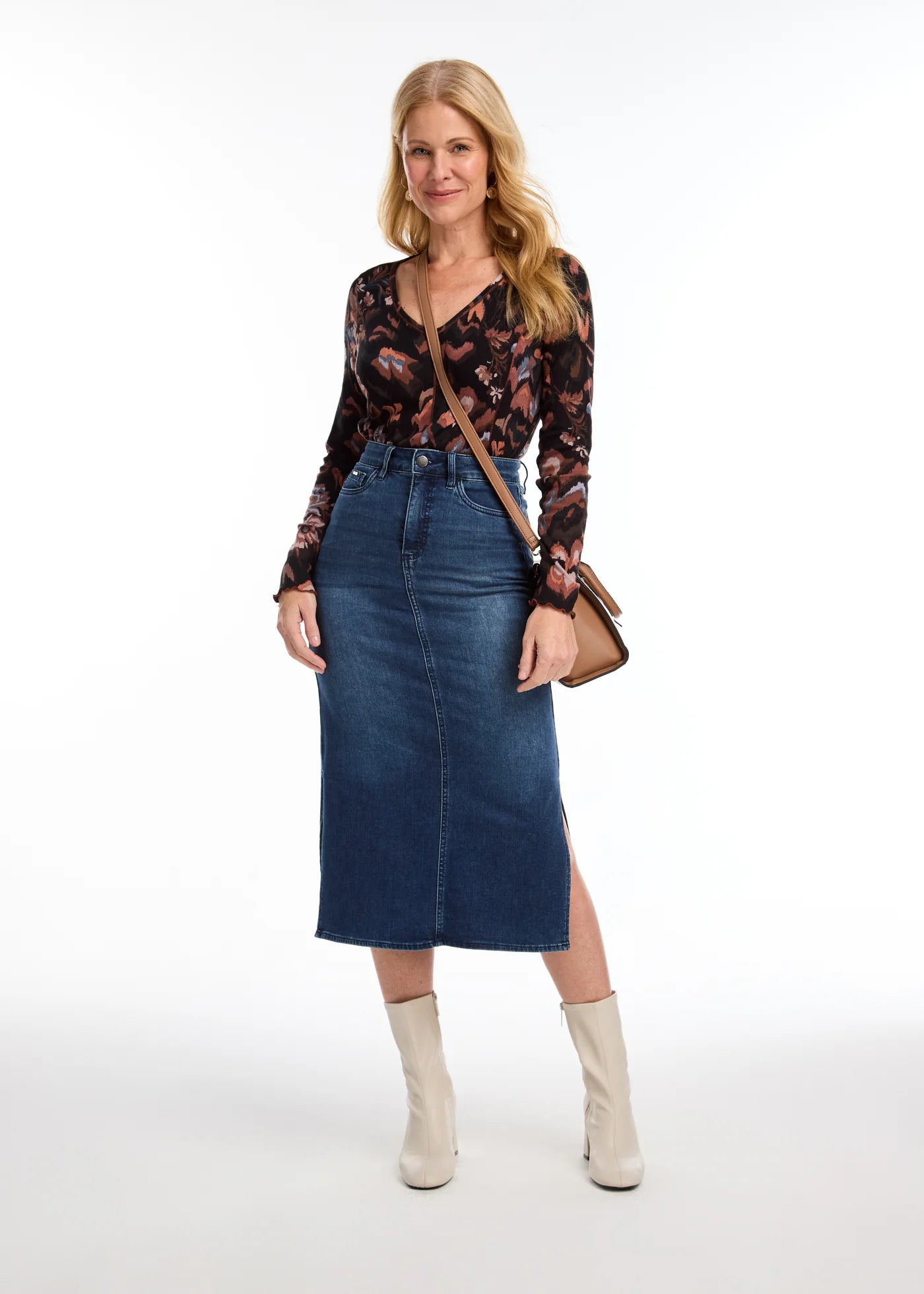 FDJ - Slit Denim Column Midi Skirt, Dark Wash