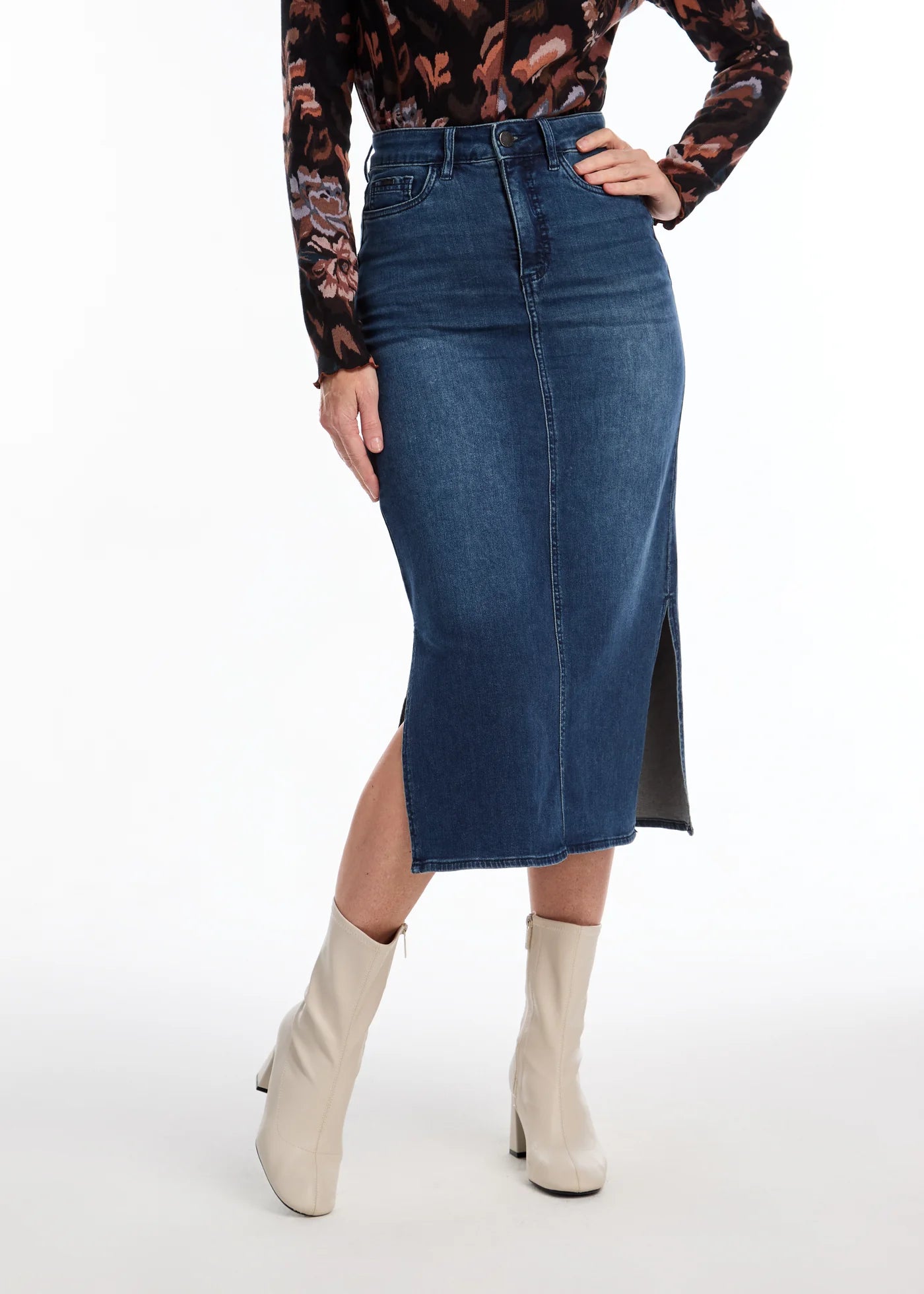 FDJ - Slit Denim Column Midi Skirt, Dark Wash