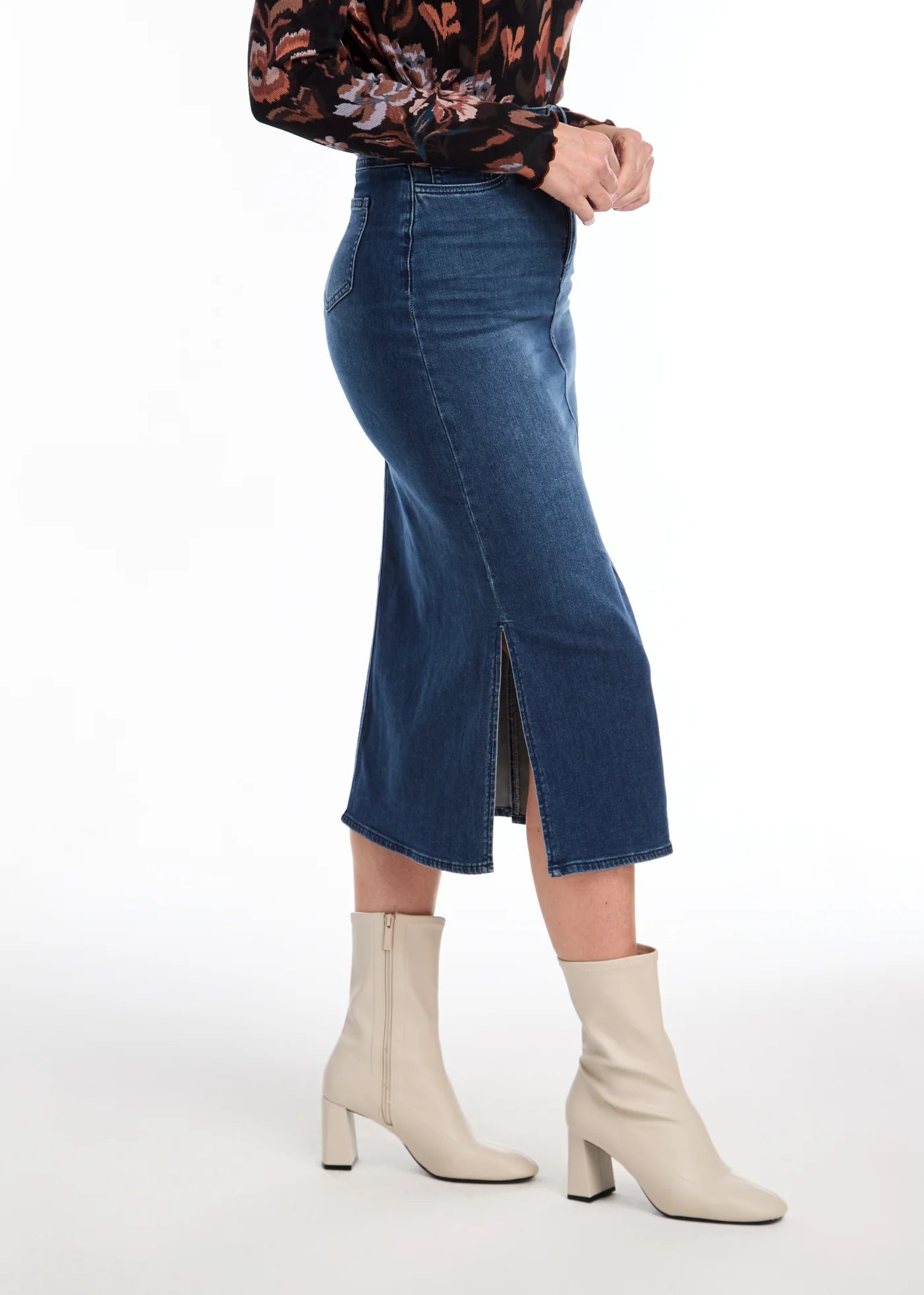 FDJ - Slit Denim Column Midi Skirt, Dark Wash