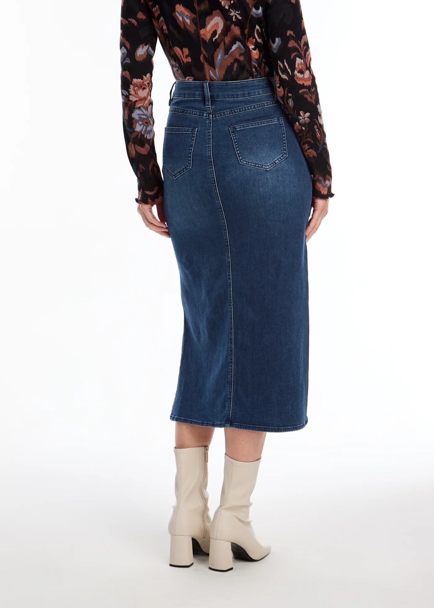 FDJ - Slit Denim Column Midi Skirt, Dark Wash