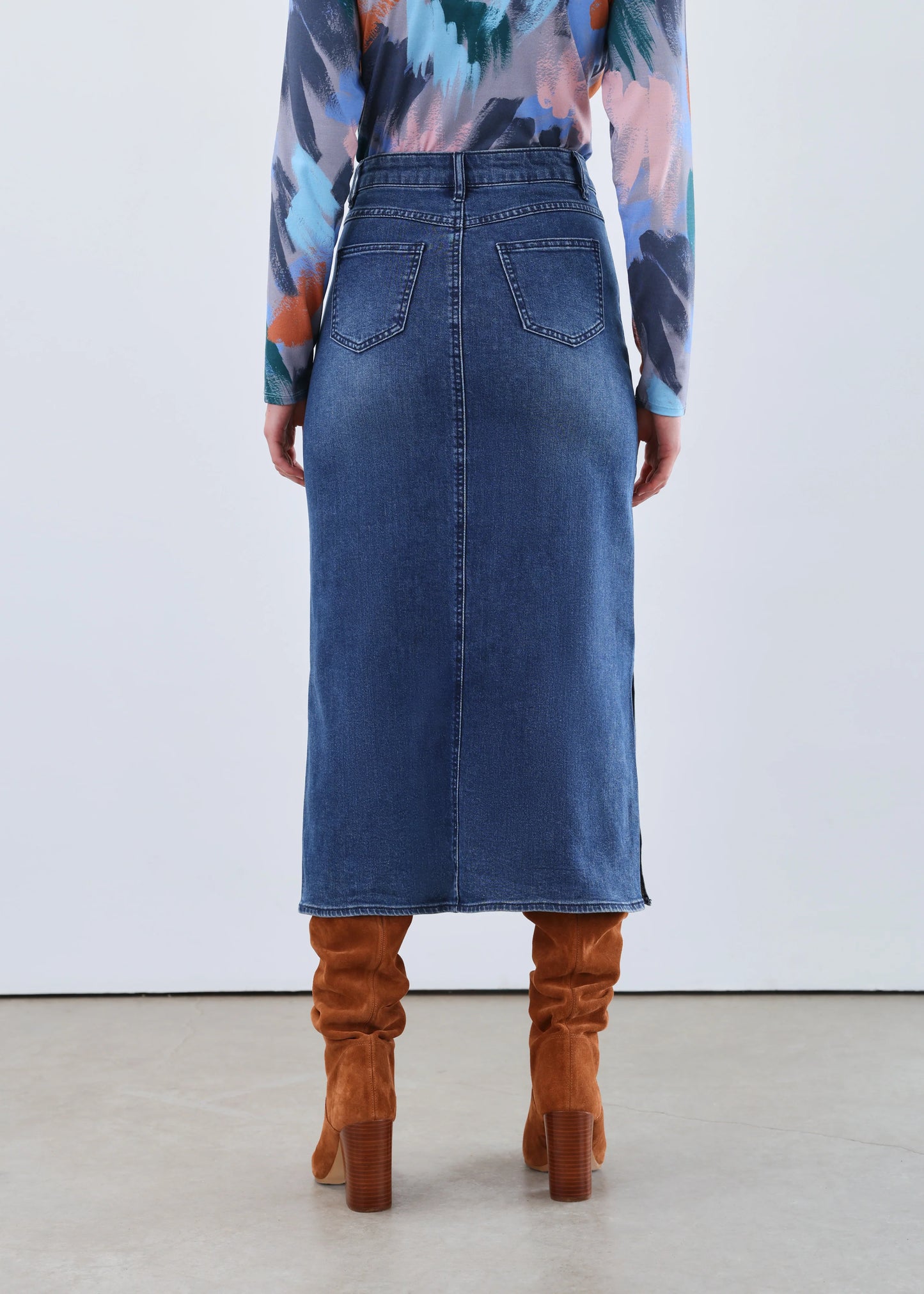FDJ - Slit Denim Column Midi Skirt, Dark Wash