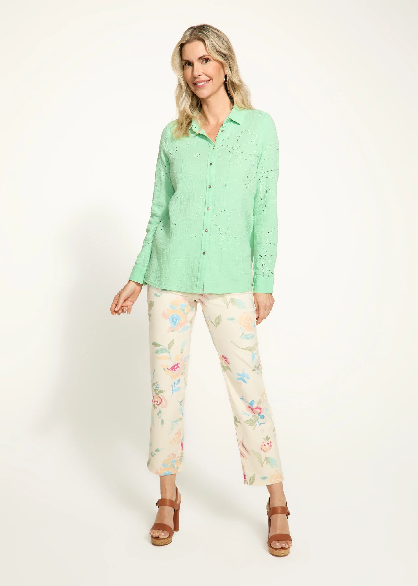 FDJ French Dressing- Long Sleeve Eyelet Blouse with Flower Detail