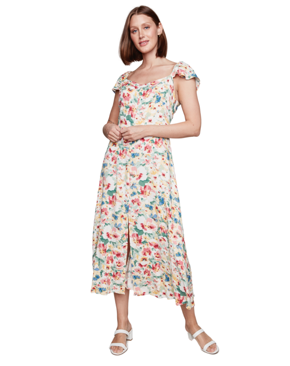 A romantic floral midi dress with a sweetheart neckline, flutter sleeves, and a flowing silhouette, perfect for spring and summer occasions.