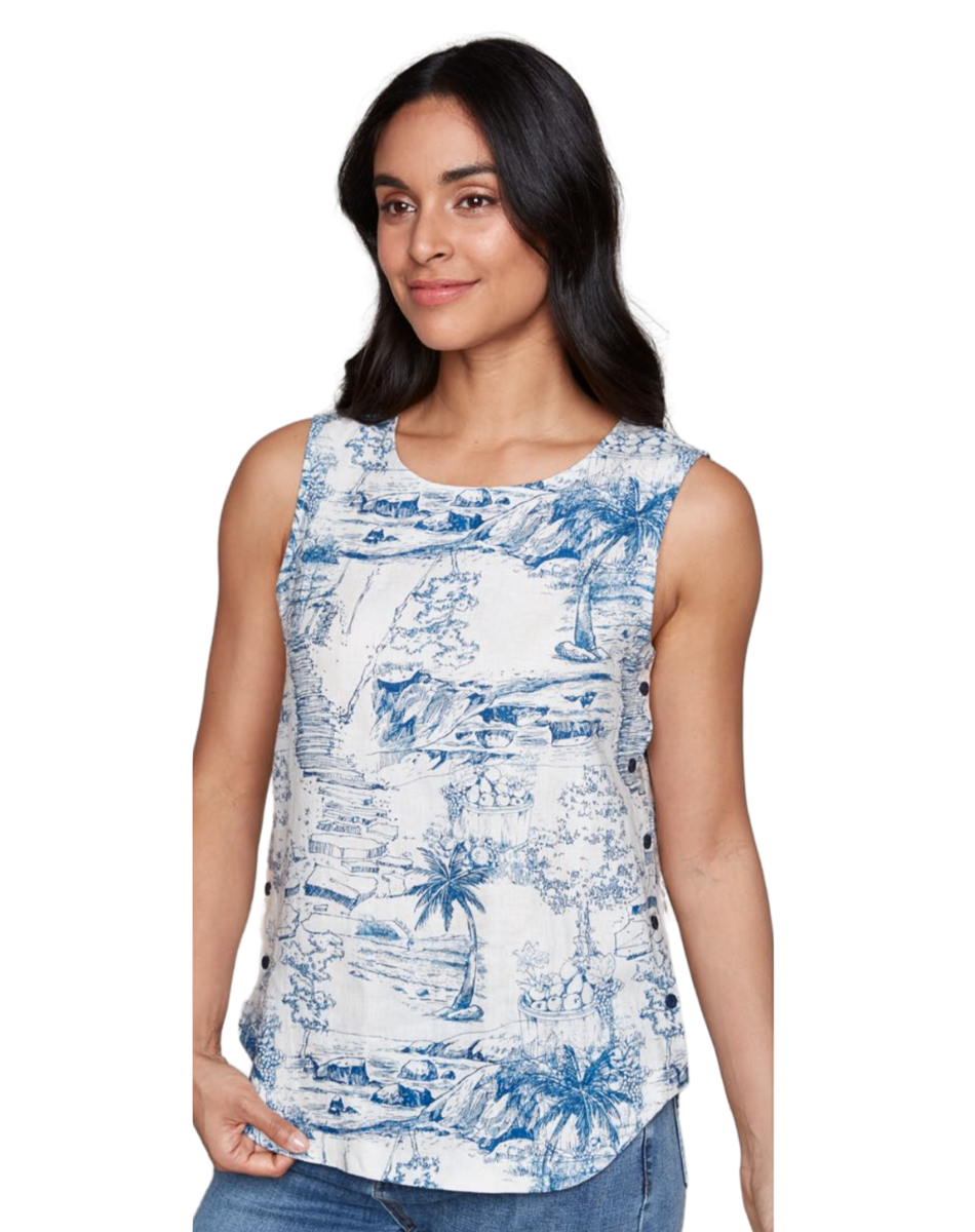 A breezy white and blue sleeveless linen tank top featuring a charming tropical-inspired print.