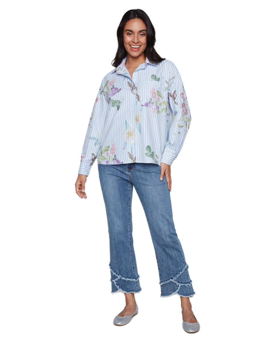 Carré Noir - Striped Button Down Blouse with Floral Detail