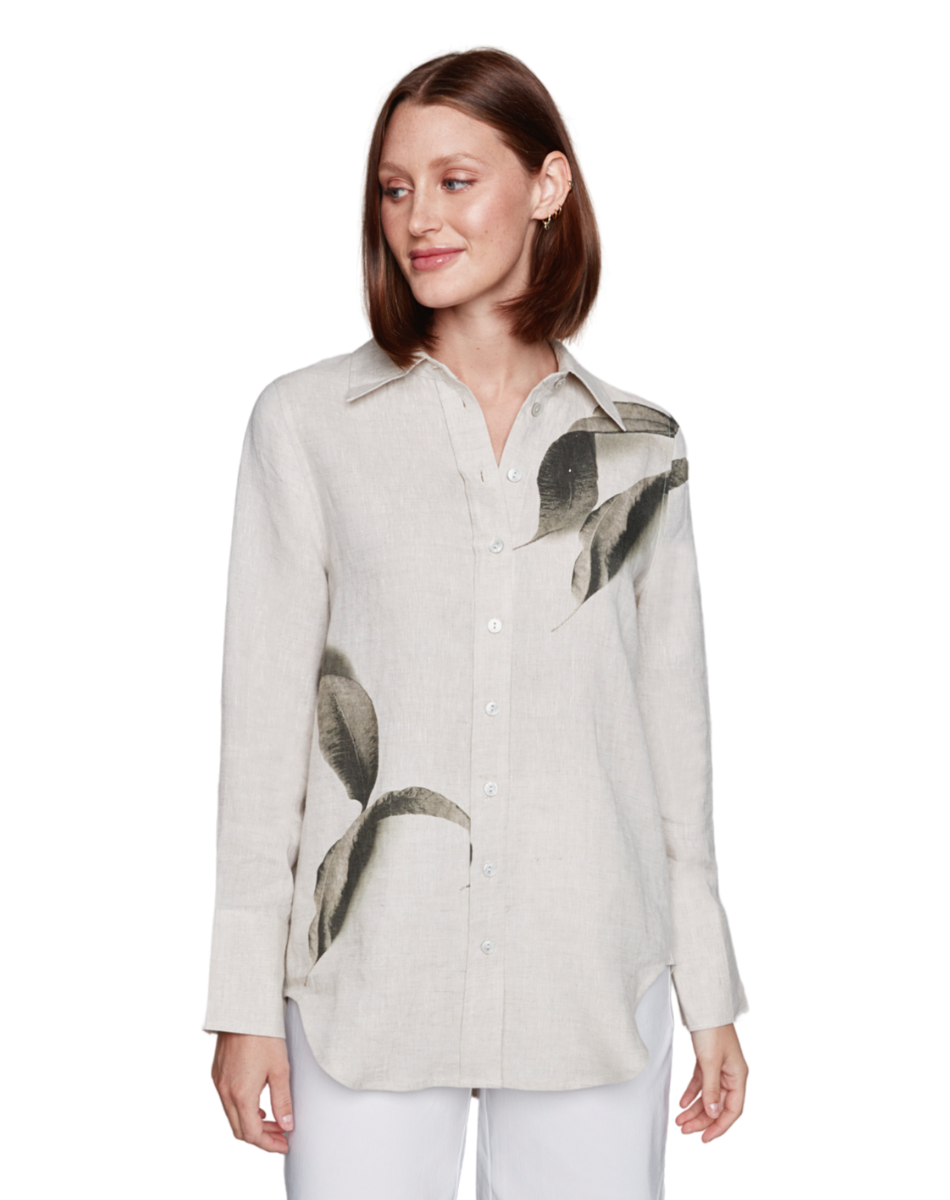 Carré Noir - Collared Button Down Shirt with Leaf Stamping