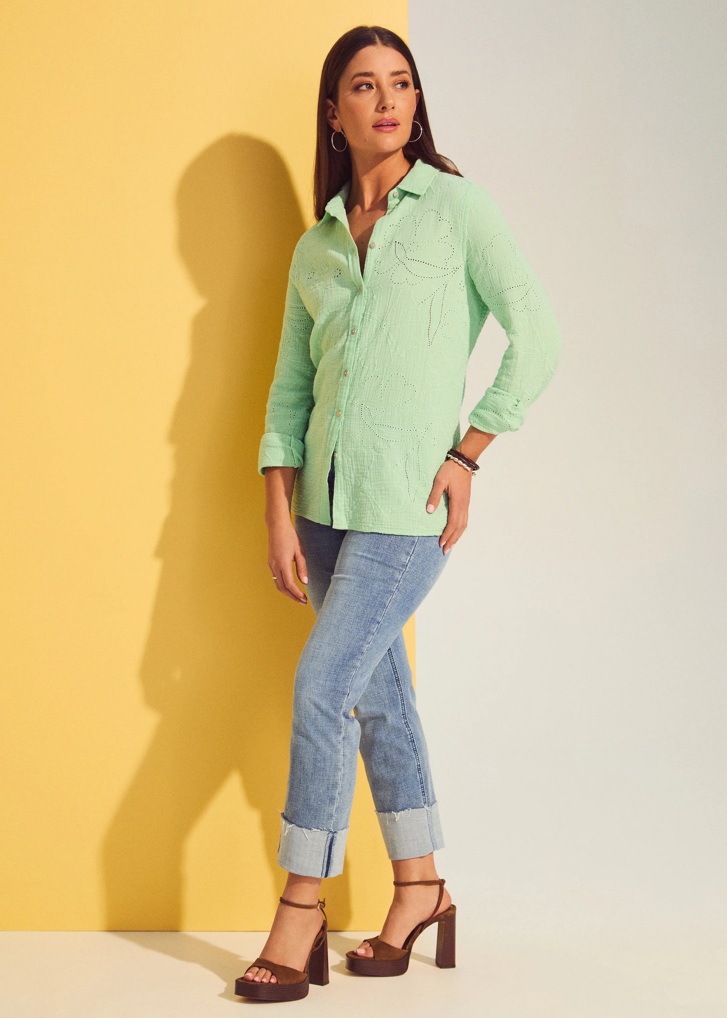 FDJ French Dressing- Long Sleeve Eyelet Blouse with Flower Detail