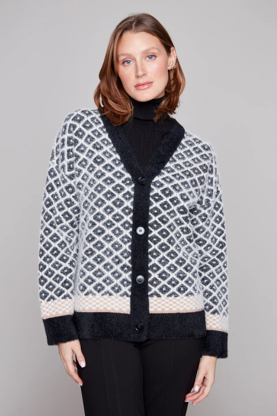 Carré Noir - Diamond Jacquard Button Cardigan