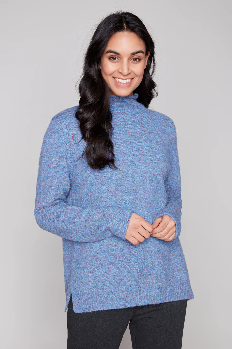 Carré Noir Mock-Neck Speckled Knit Sweater, Blue