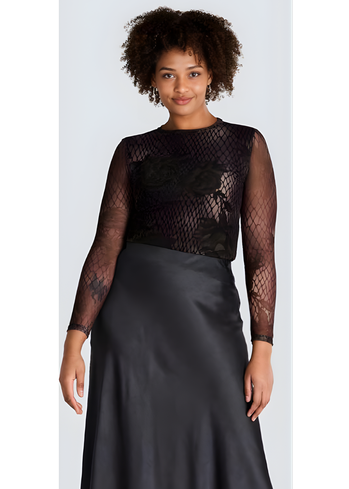 Olive green and black sheer floral top with long sleeves from Jessica Laura boutique line.