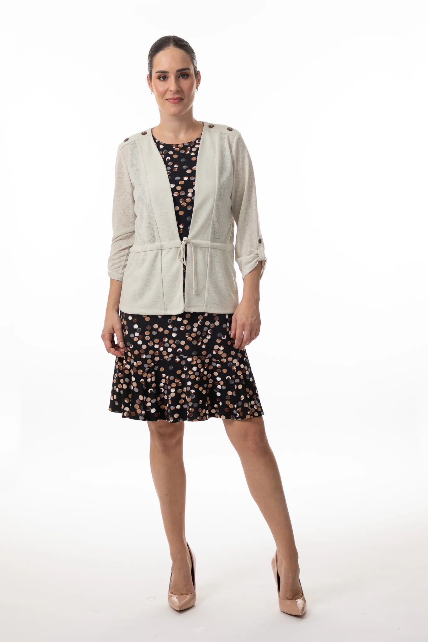 Model wearing Bali's lightweight drawstring waist sweater in Khaki.