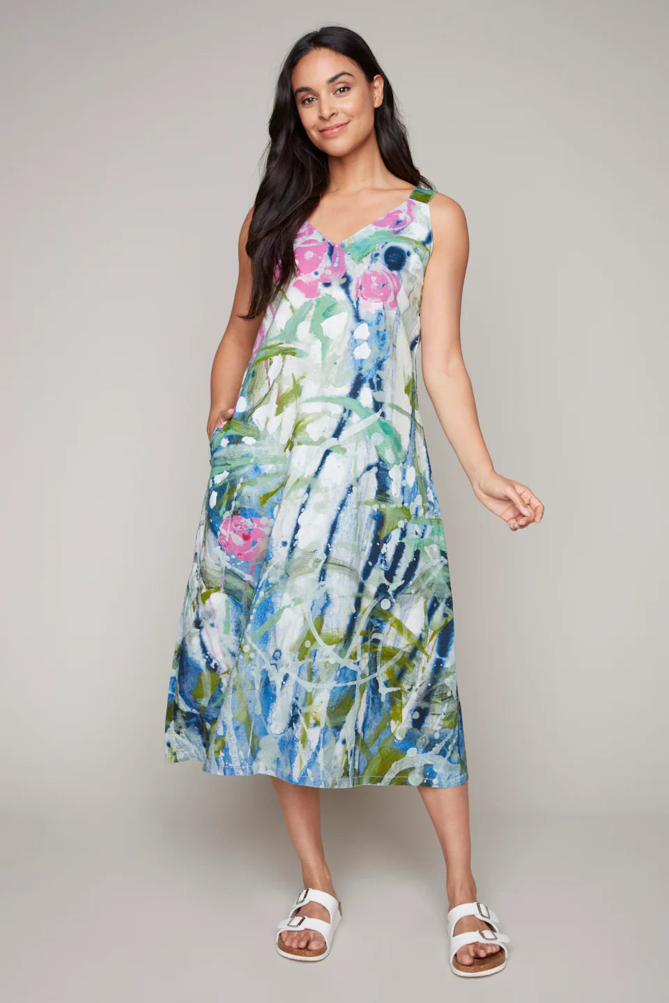 Model wearing the Claire Desjardins sleeveless linen blend midi dress.
