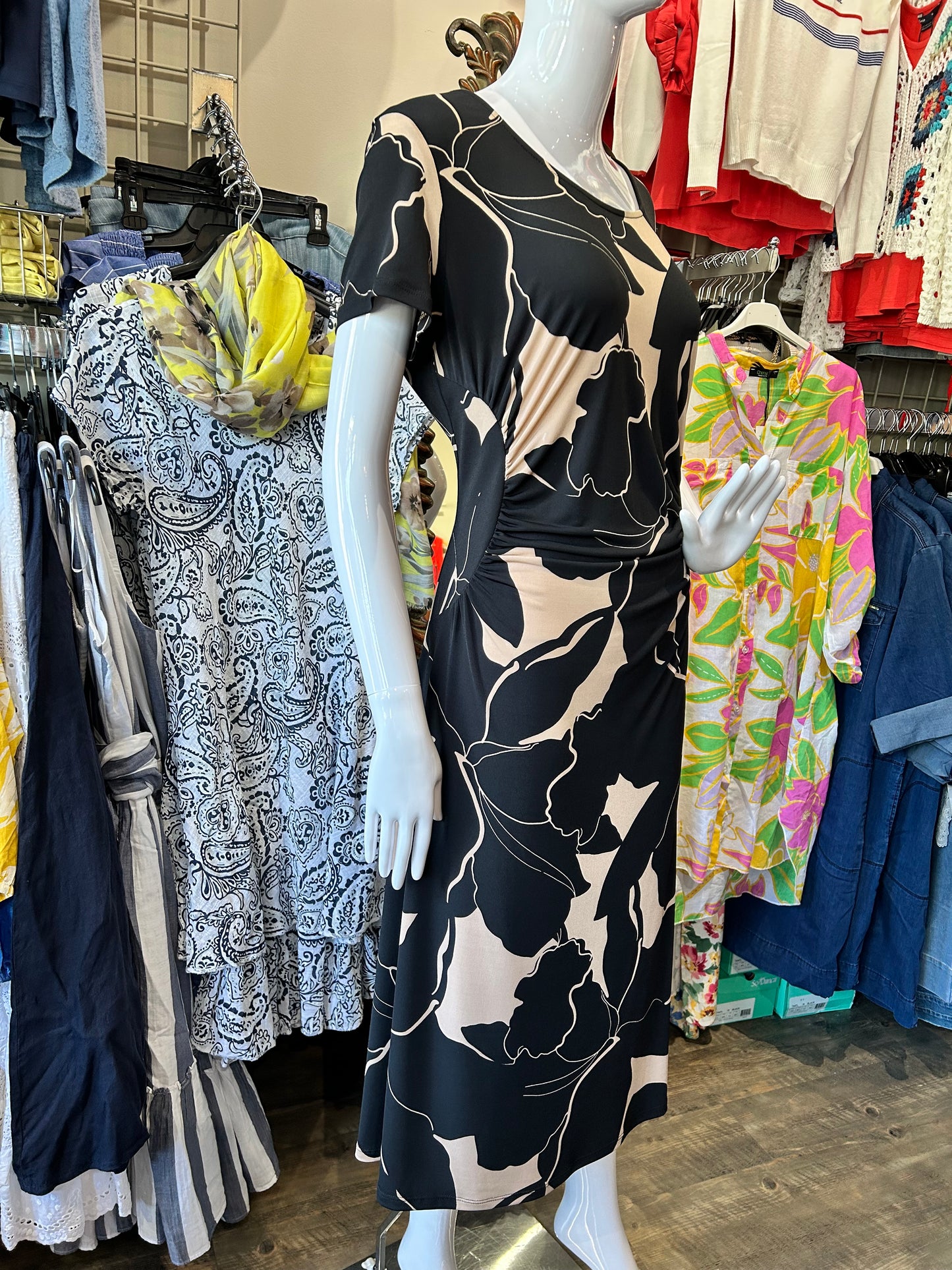 Bali – Cap Sleeve Midi Dress with Tropical Floral Print