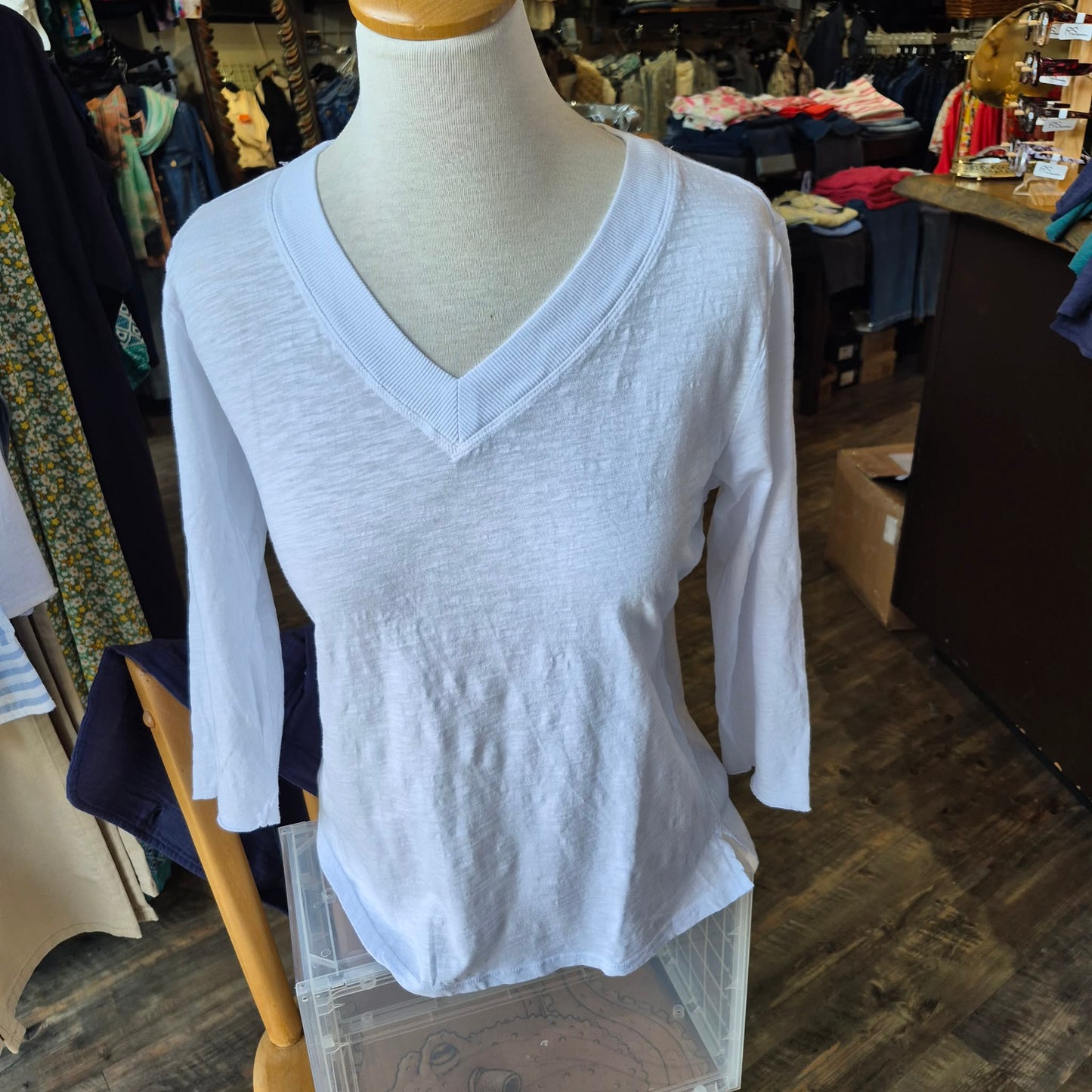 Mododoc – 3/4 Sleeve Wide V-Neck Boxy Tee (White Halo / Sailor Blue) - Gayle's Fashions
