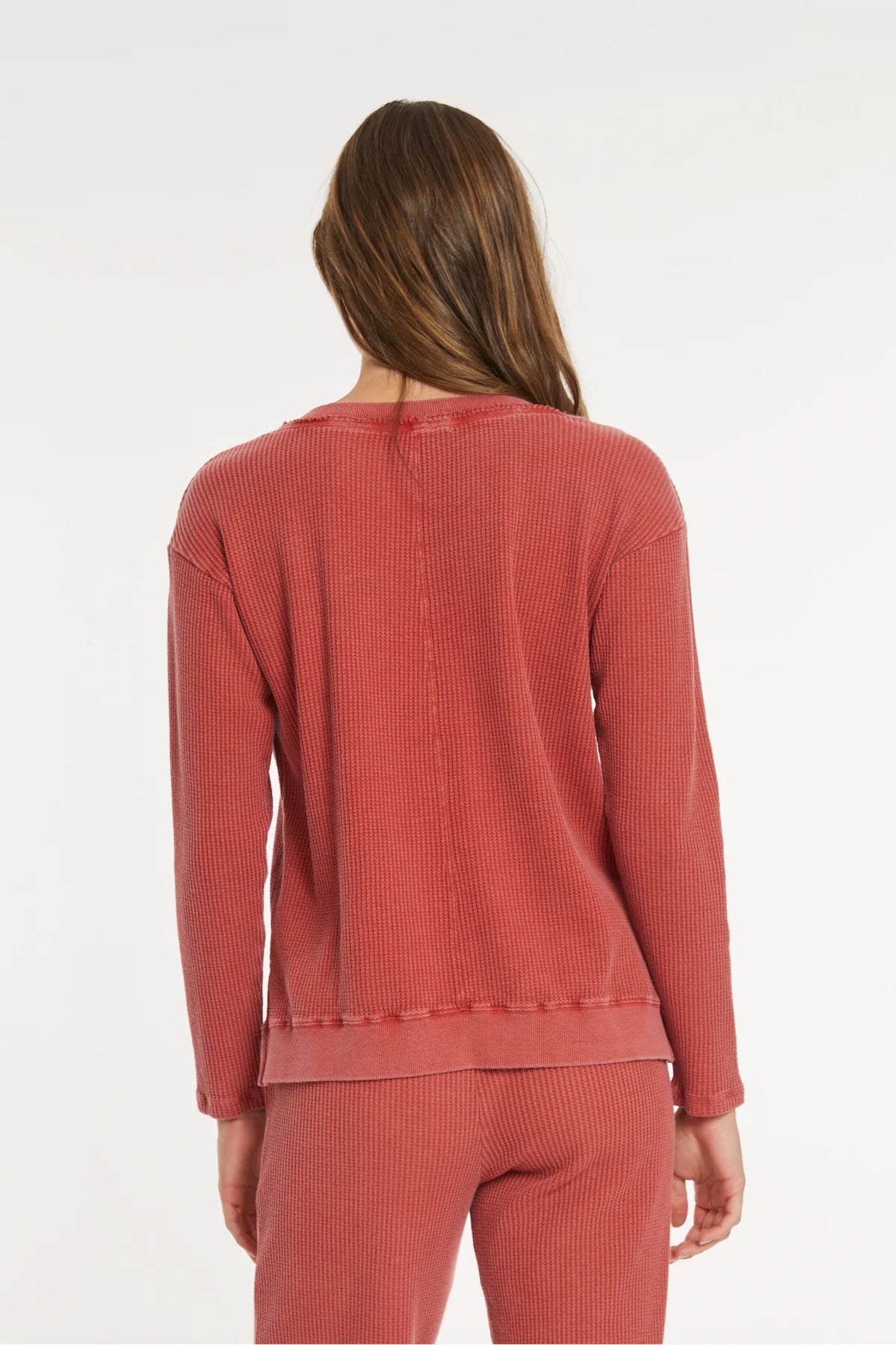Mododoc - Open Neck Waffle Long Sleeve Top, Spiced Cider