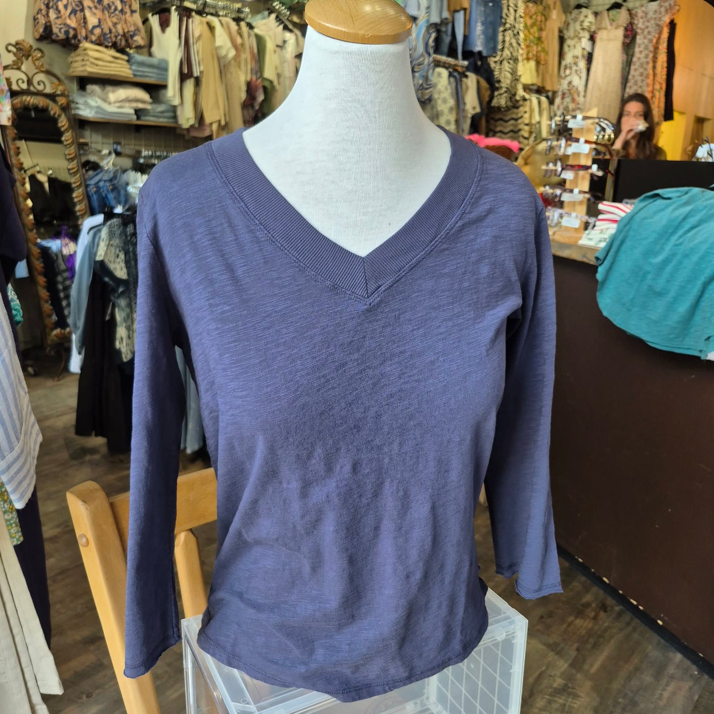 Mododoc – 3/4 Sleeve Wide V-Neck Boxy Tee (White Halo / Sailor Blue) - Gayle's Fashions