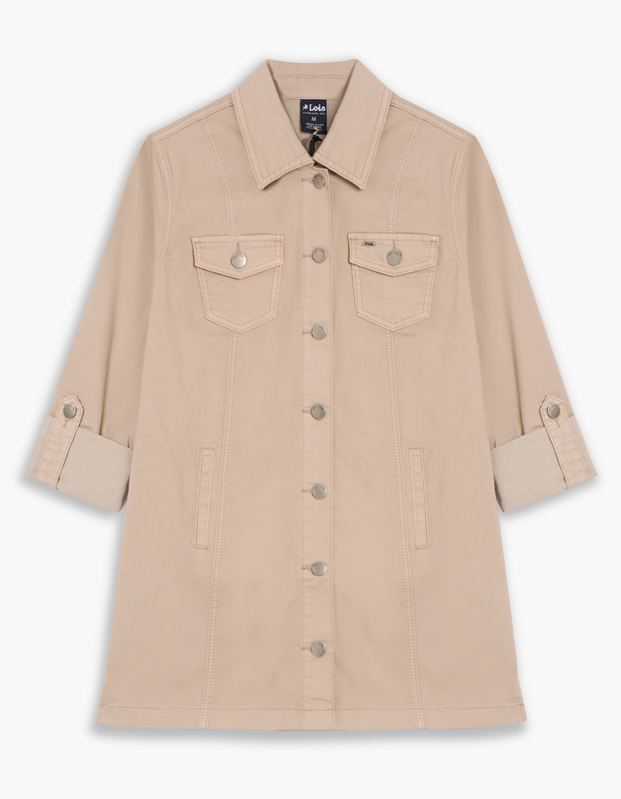 The Anna Jacket by LOIS, a beige jacket with button details on a white background