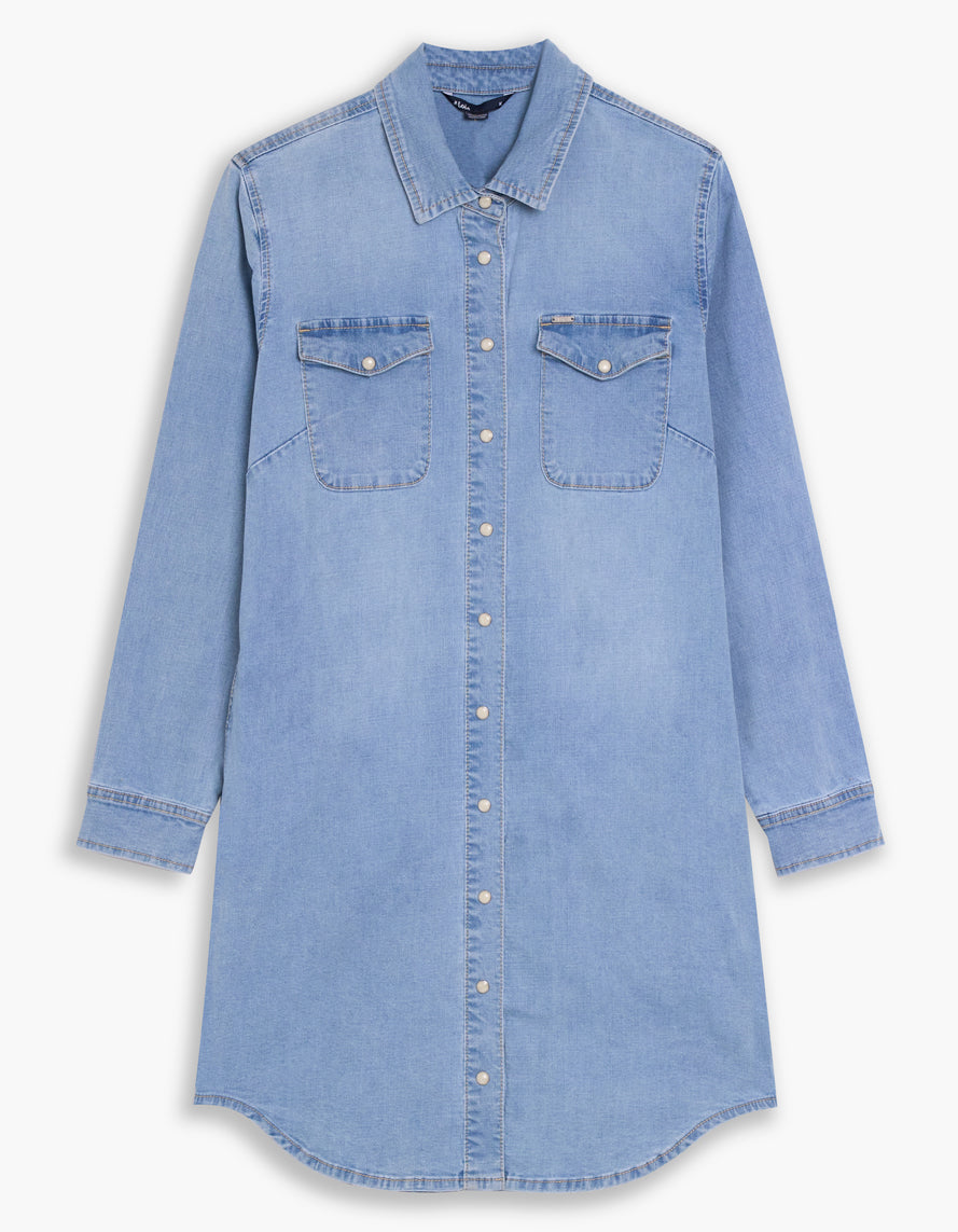Lois – Gianna Long Sleeve Denim Shirt Dress (Light Blue Wash) - Gayle's Fashions