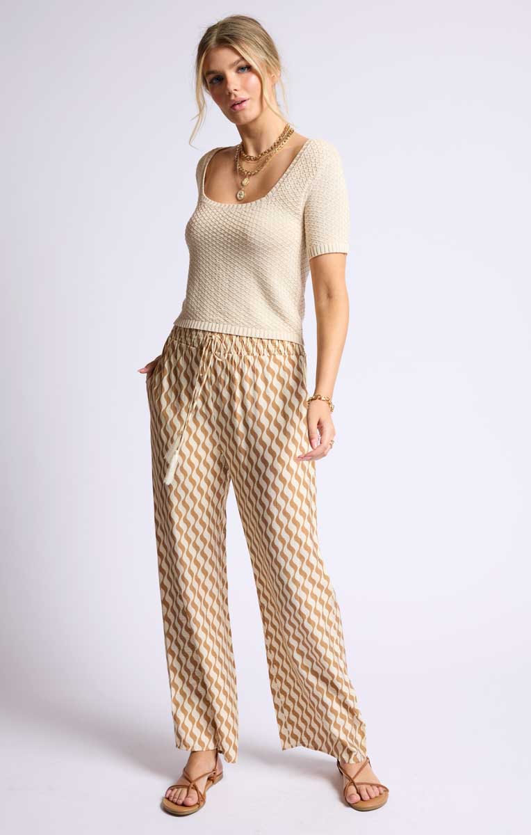 Sage The Label Patterned Palazzo Pants – Tan Natural with geometric print and elastic waist