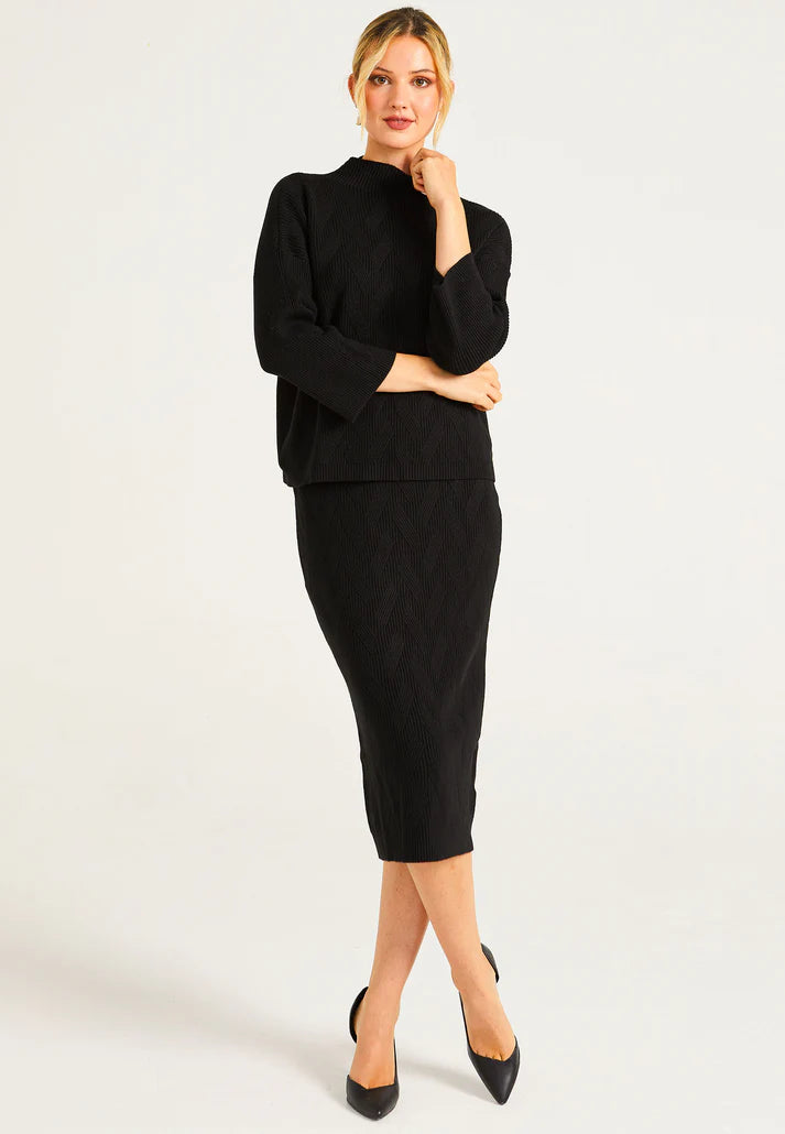 Angeleye women's black ribbed knit pencil skirt, front view.