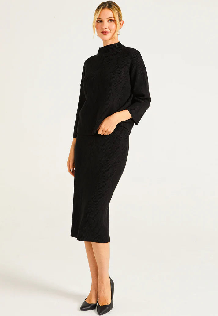 Angeleye women's black ribbed knit pencil skirt front view.