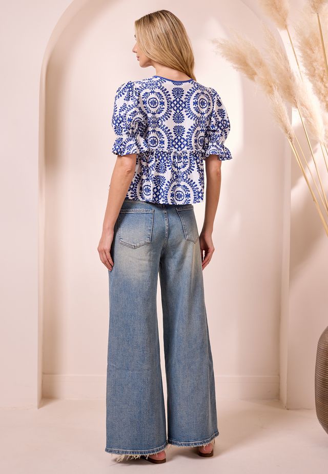 Angeleye - Melilla Flutter Waist Puff Sleeve Top (Blue & White) - Gayle's Fashions