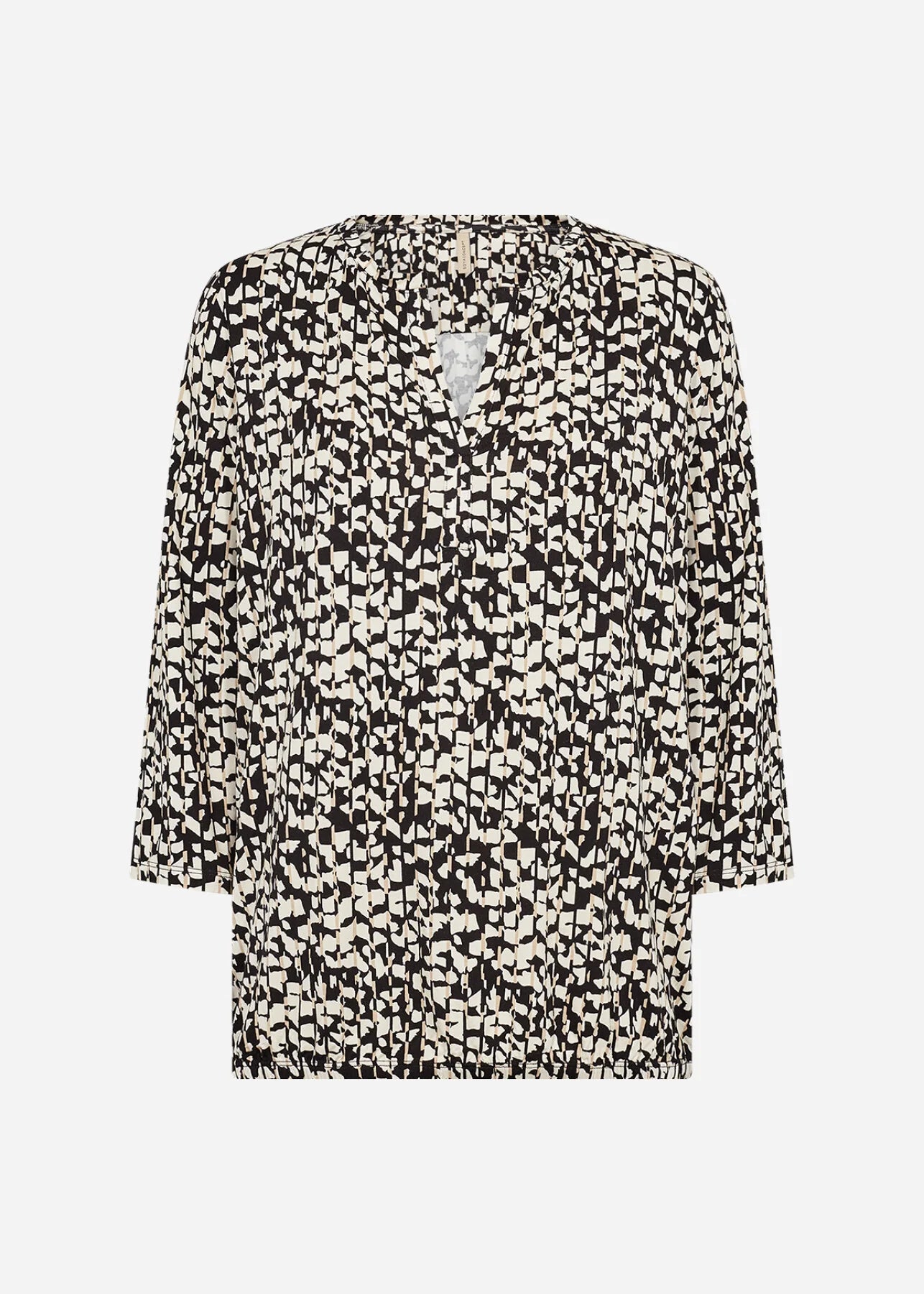 Flat lay image of the Soya Concept Marica AOP 316 3/4 Sleeve Top in Black Beige Print against a white background, showing the front design, V-neckline, and abstract print.