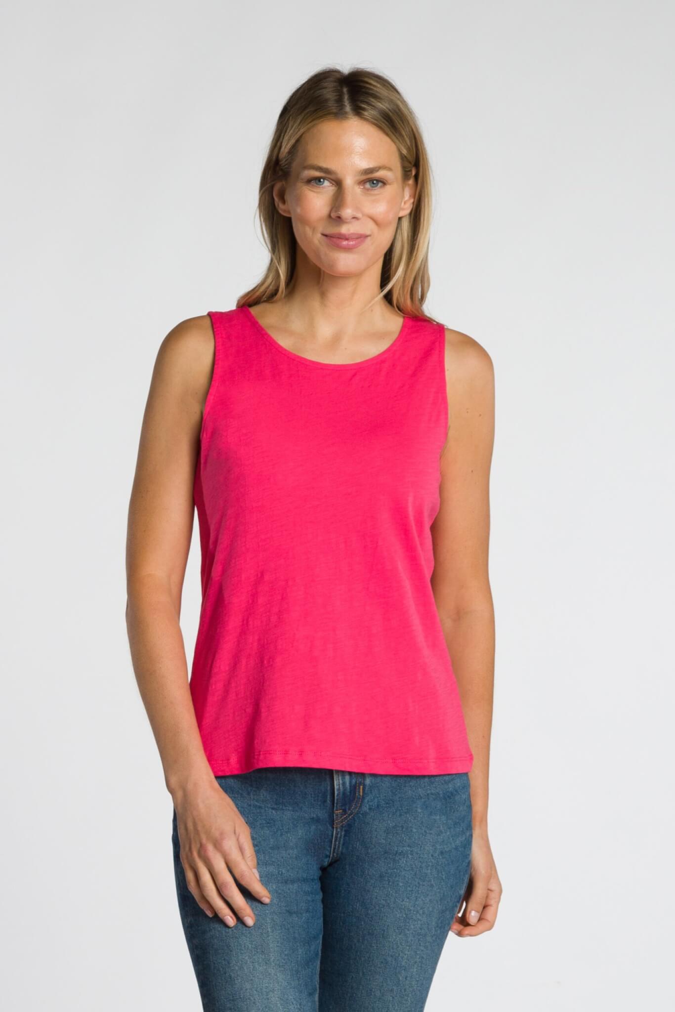Model wearing DRK & Co.'s Fuchsia (Geranium) basic cotton tank. Perfect tank for layering.