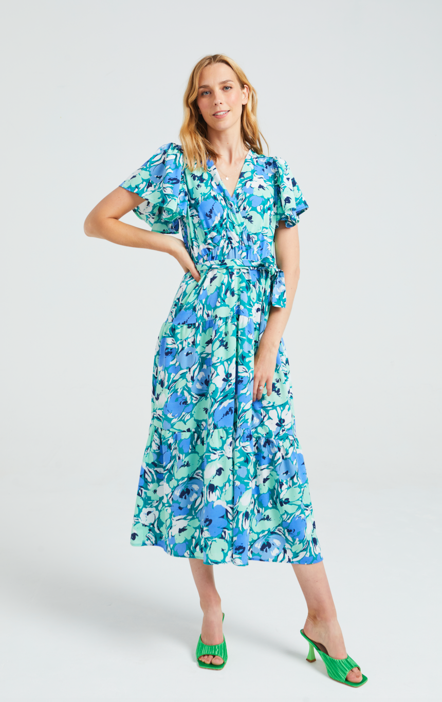 Angeleye - Faux Wrap Flutter Sleeve Tiered Maxi Dress - Gayle's Fashions