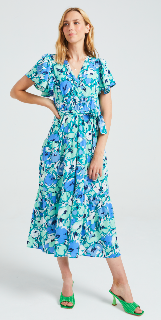 Angeleye - Faux Wrap Flutter Sleeve Tiered Maxi Dress - Gayle's Fashions