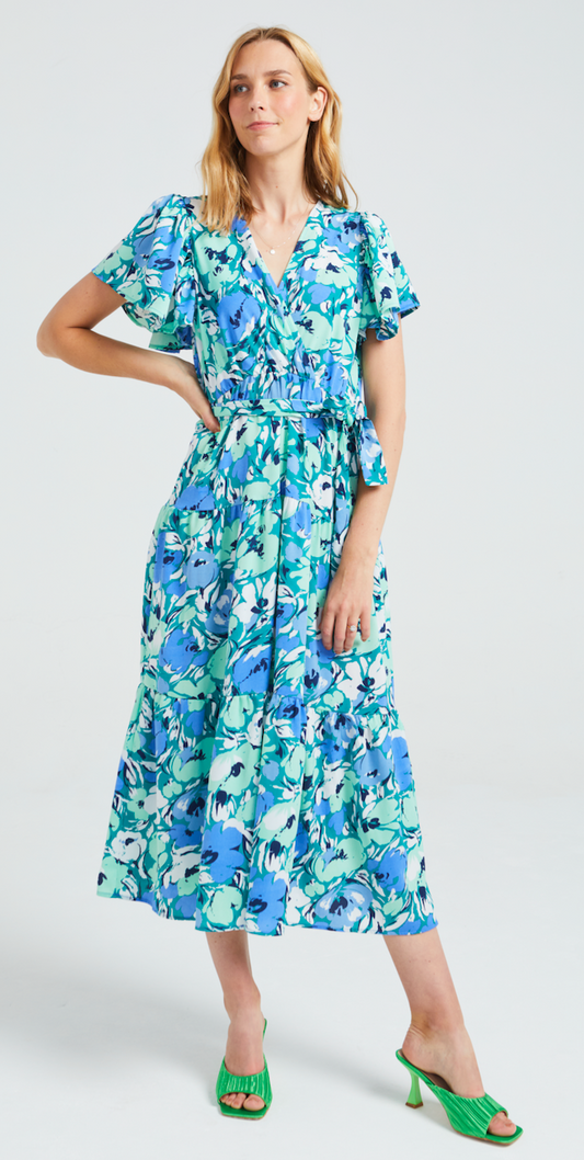 Angeleye - Faux Wrap Flutter Sleeve Tiered Maxi Dress - Gayle's Fashions