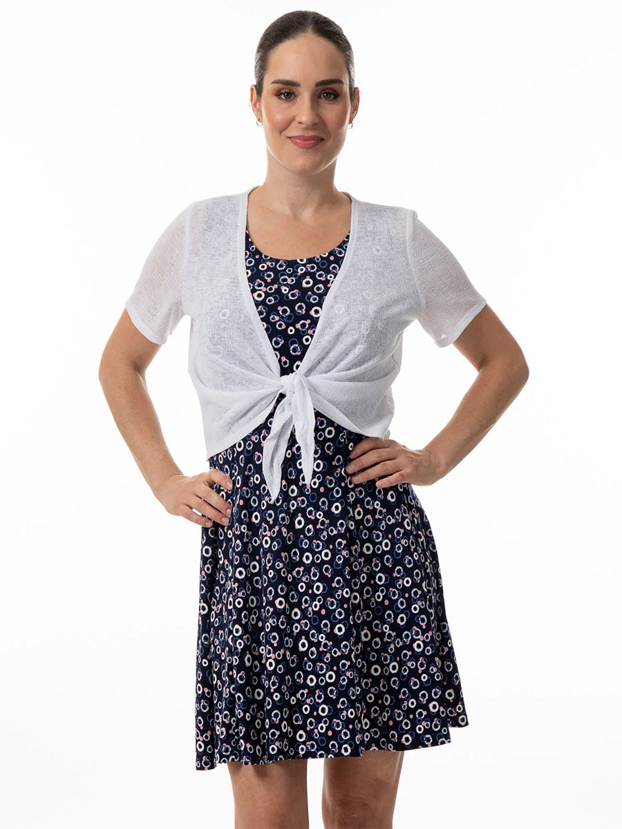 Model wearing Bali's short sleeve bolero in white tied at front