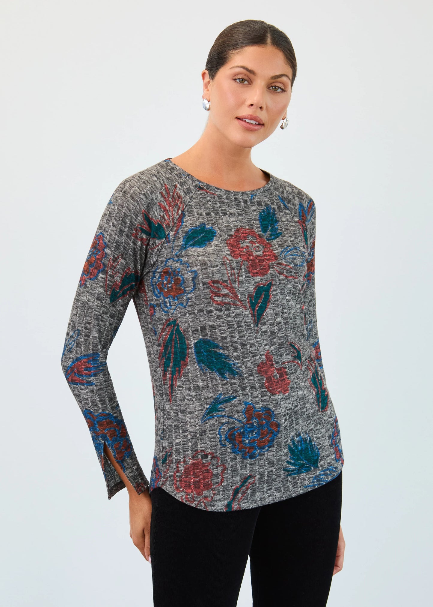 Full front view of model in FDJ long sleeve rib top, multi Bloomsbury.