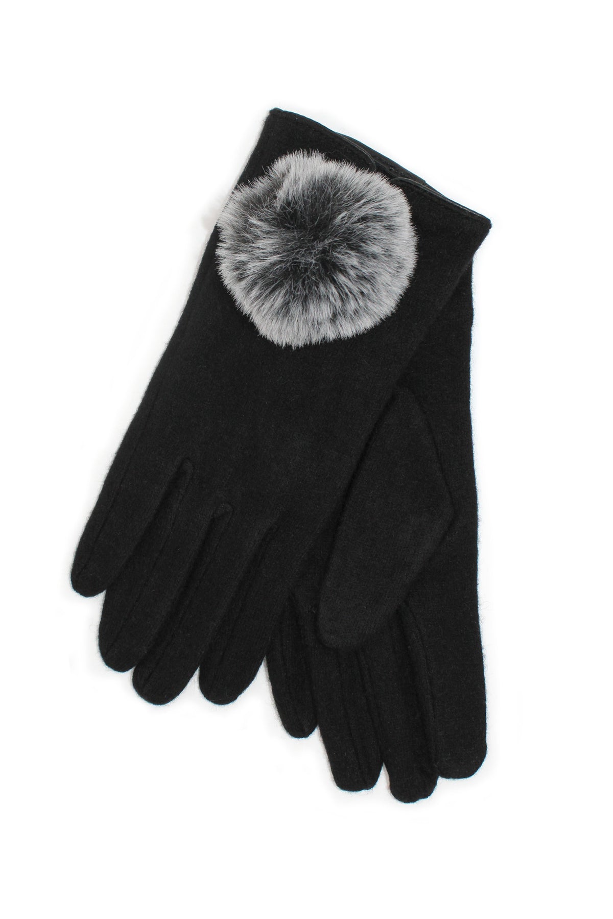 Pair of Morgan & Taylor Antonella Gloves in black, laid flat, showcasing matching grey faux fur pom-poms.