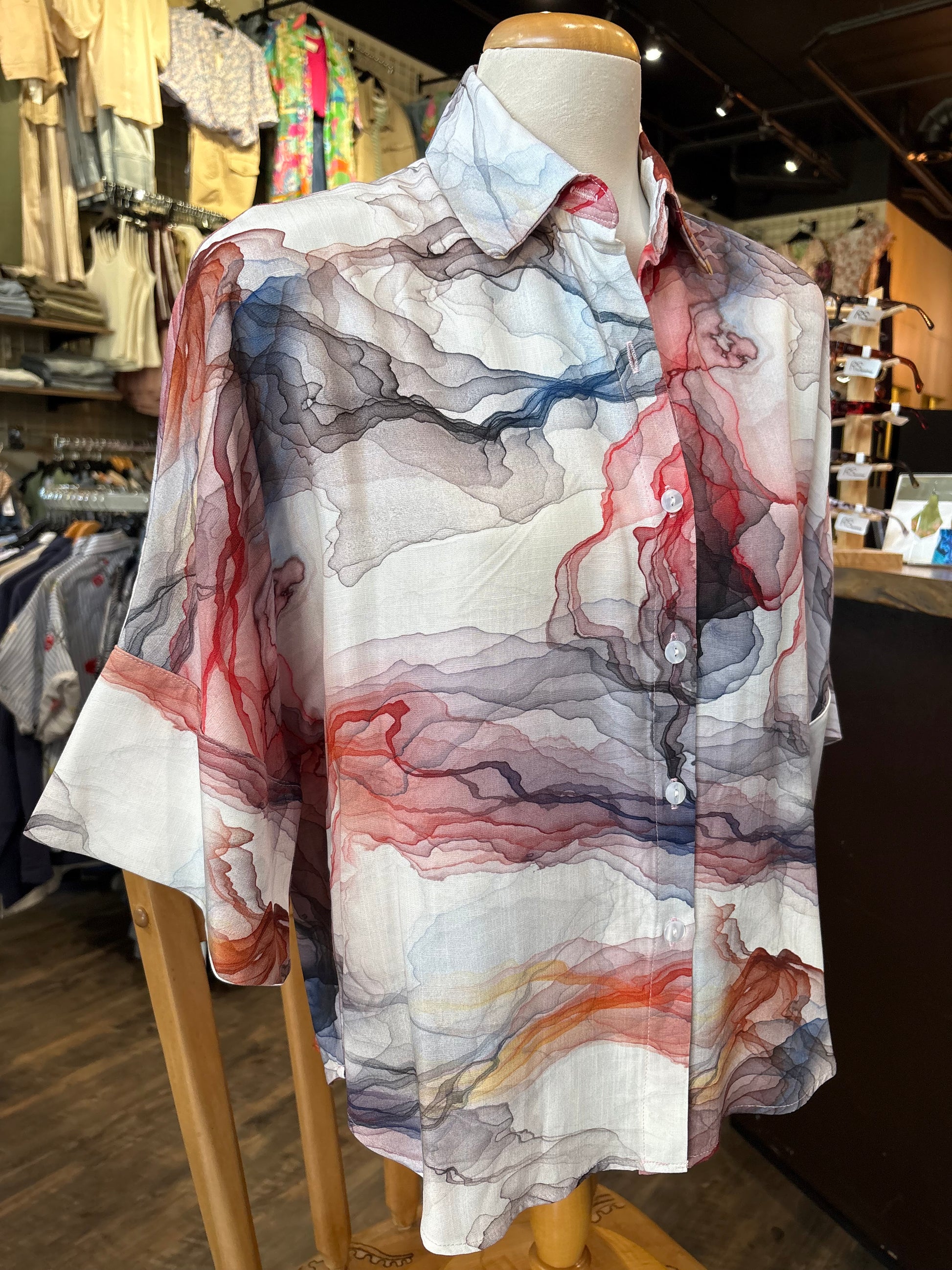 Bali – Wide Half Sleeve Button-Up Blouse (Multi) - Gayle's Fashions